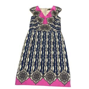 David Meister Sheath Dress Women's Size 12 Multi Geometric Cap Sleeve Back Zip